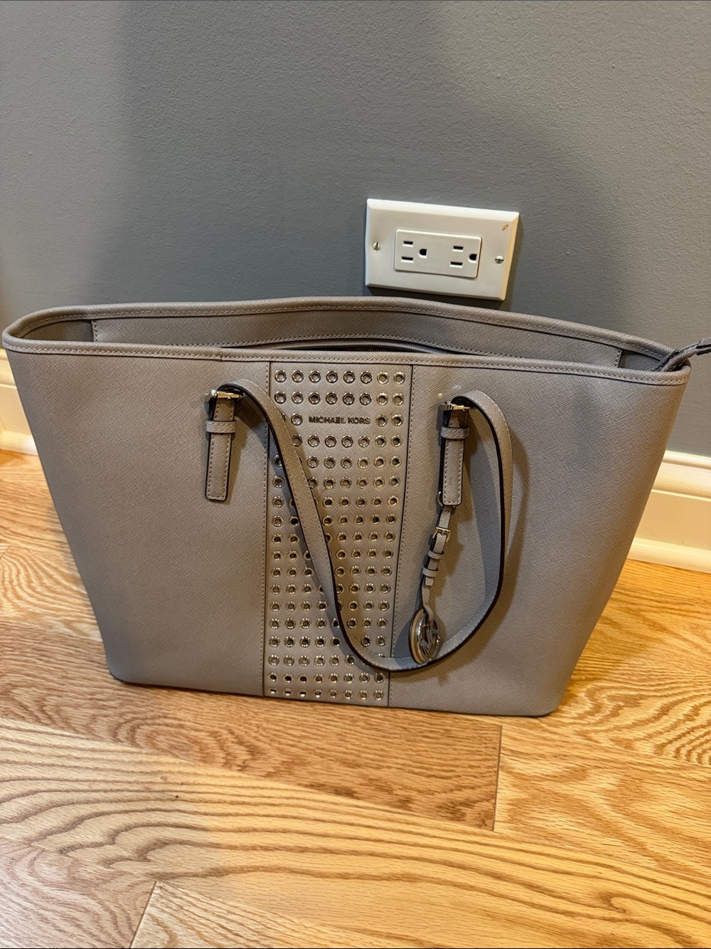 Michael Kors Gray Saffiano Tote with Studded Center Panel